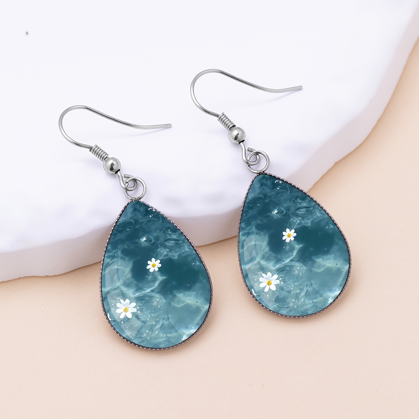 Unisex Deep Sea Blue Water Ripple Daisy Pattern Droplet Earrings